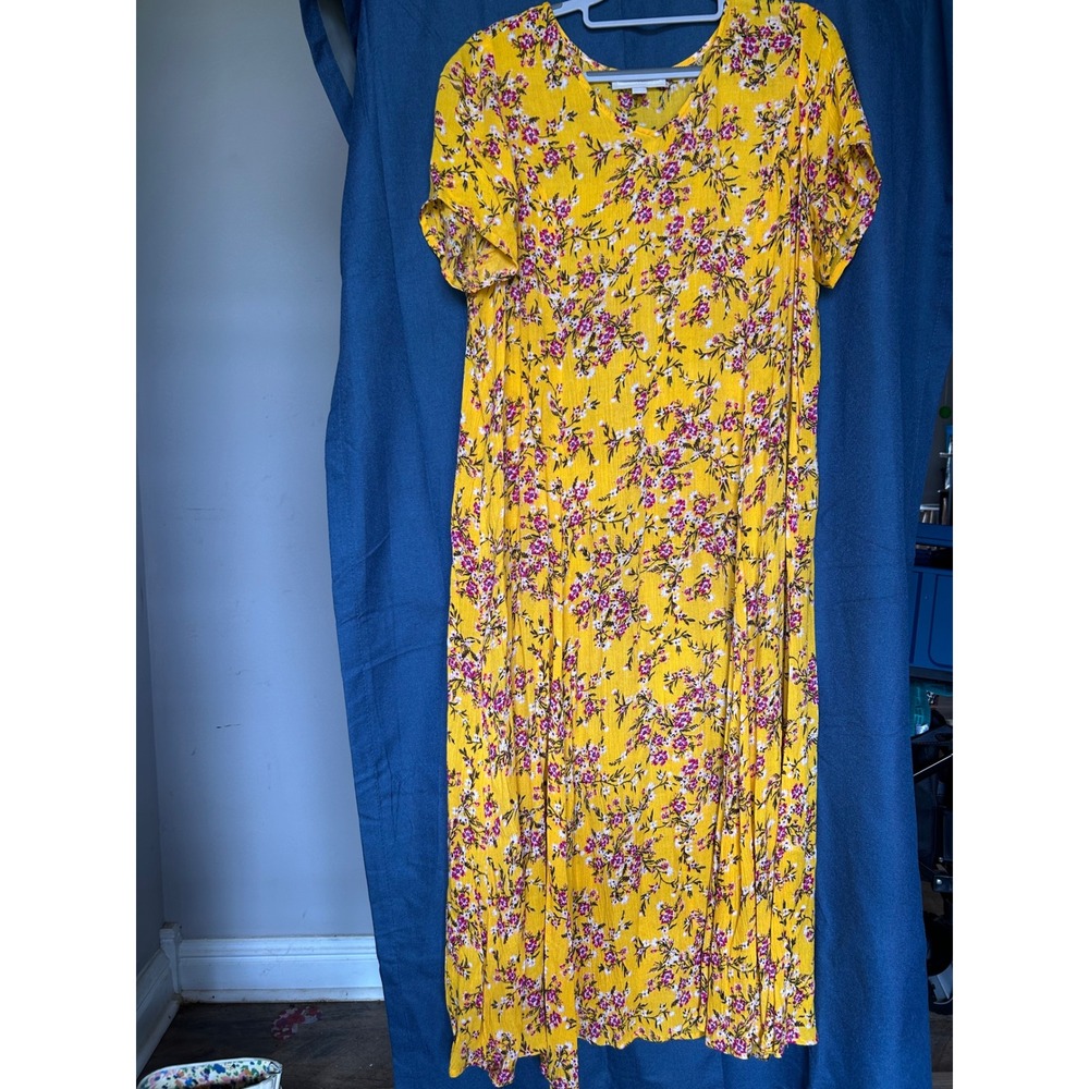 Woman Within Maxi Dress Womens M 14/16 Yellow Floral Short Sleeve Casual Summer